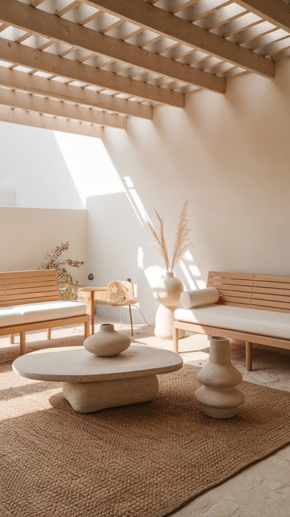 minimalist space with bleached oak seating, stone‑top table, raffia rug, concrete vases