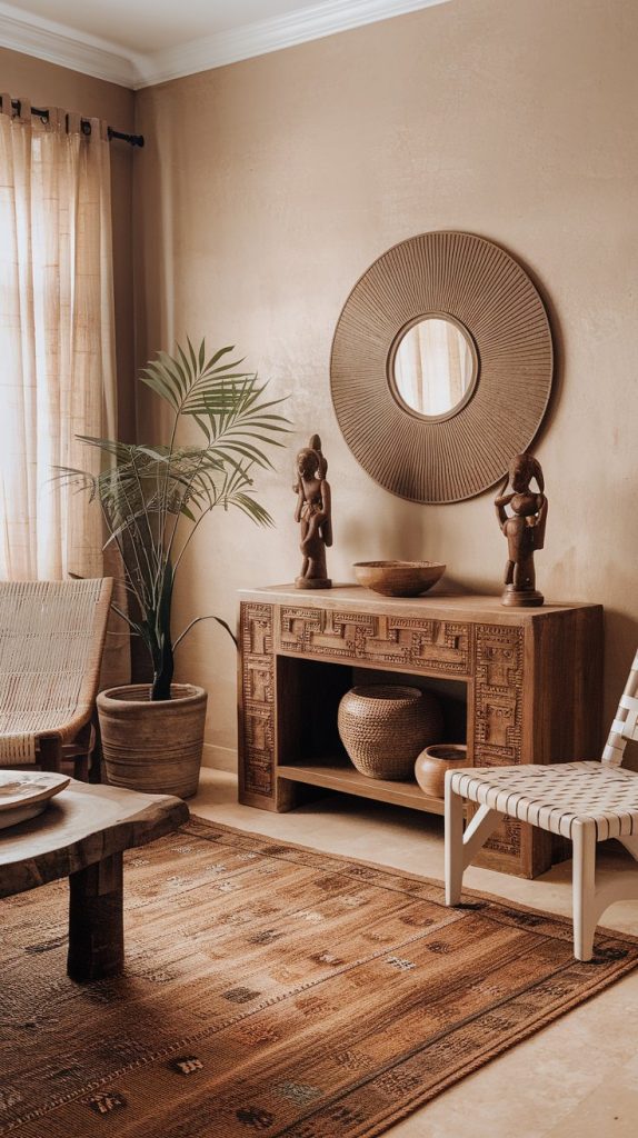 an Afro Chic space with mixed wood furniture, African carvings, neutral textiles, and a warm