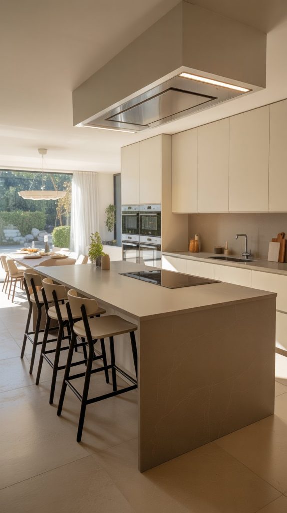 kitchen view with a white island featuring built-in induction cooktop, bar seating and minimal cabinetry