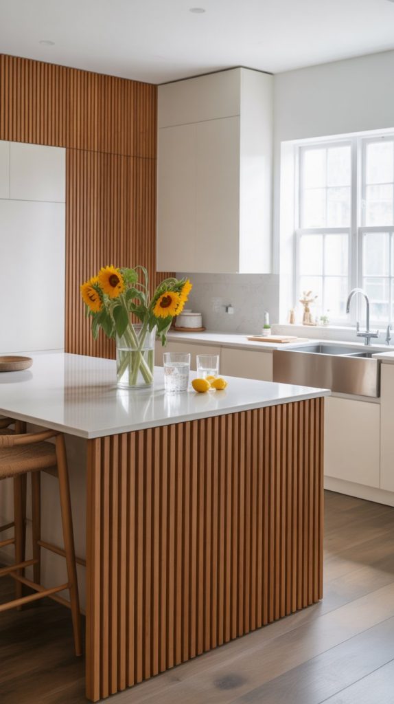wide-angle kitchen shot with vertical slatted wood detail on island and side wall, white cabinetry and quartz countertops