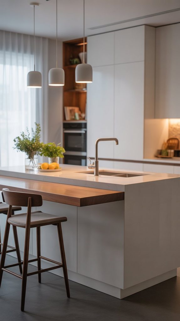 wide-angle kitchen shot with asymmetrical white island featuring a wood breakfast bar extension, sleek cabinetry and pendant lighting
