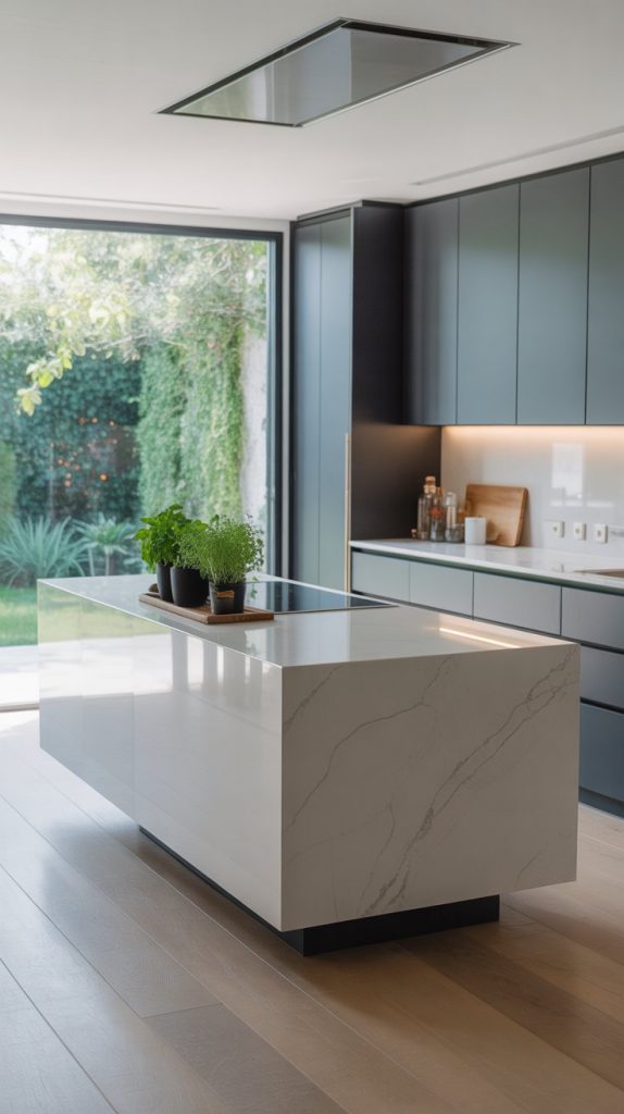 angled kitchen view with a white floating island and waterfall marble countertop, sleek cabinetry and light wood flooring
