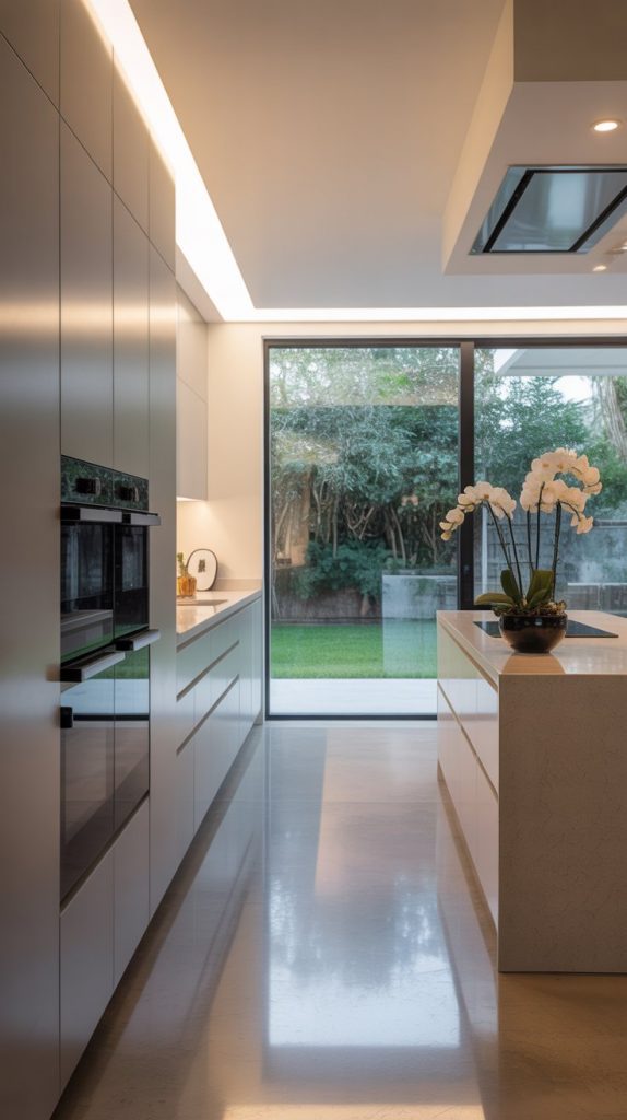 kitchen view with floor-to-ceiling matte white cabinetry, hidden appliances and light grey concrete flooring
