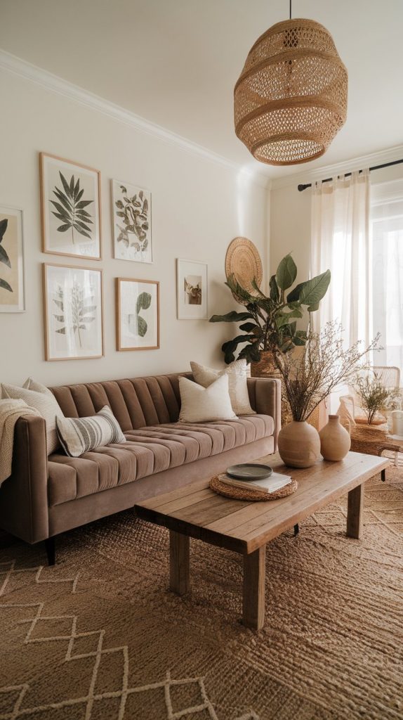 living room with taupe velvet sofa, reclaimed wood table, botanical prints, woven baskets, pottery