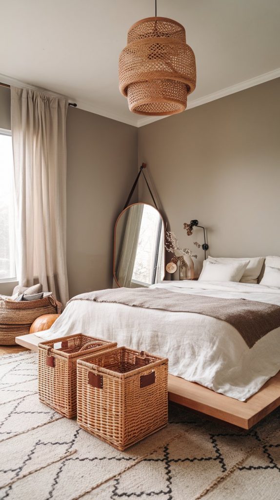 a Japandi-inspired modern Western bedroom with greige walls, low wooden platform bed, white linen bedding, leather-edge throw, wicker storage baskets with leather straps, and floor mirror with leather tie