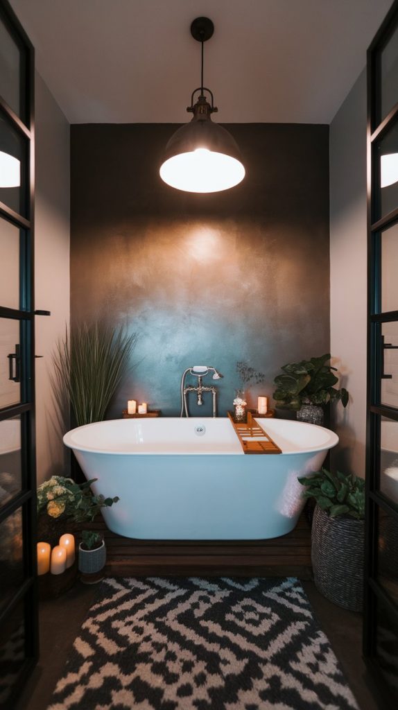 freestanding tub with oversized pendant light above, moody accent wall