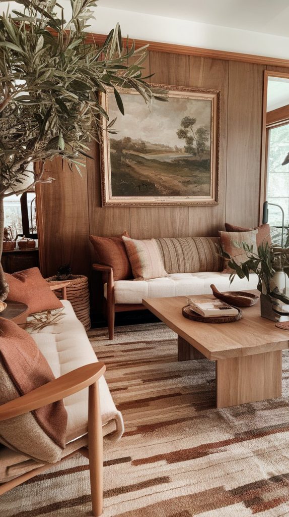 living room with walnut and oak wood tones, earthy wool rug, vintage landscape painting, olive tree