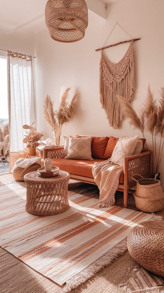 living room with terracotta sofa, wicker table, kilim rug, pampas grass, macramé art, baskets