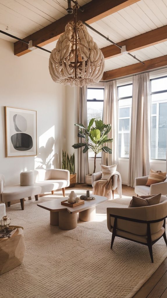 wide‑angle room shot showing statement chandelier, minimal seating, coffee table, plant, single artwork