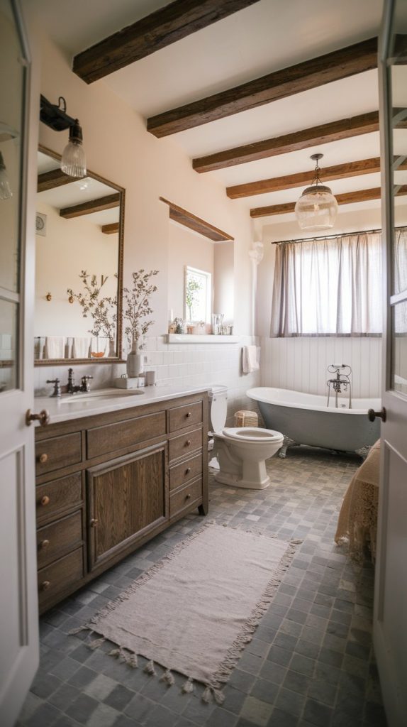 bathroom with full vanity, vintage toilet, clawfoot tub, checkerboard stone floor