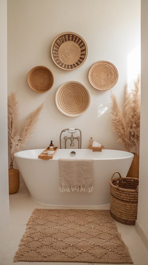 a bathroom with freestanding tub, woven wall baskets, linen towel