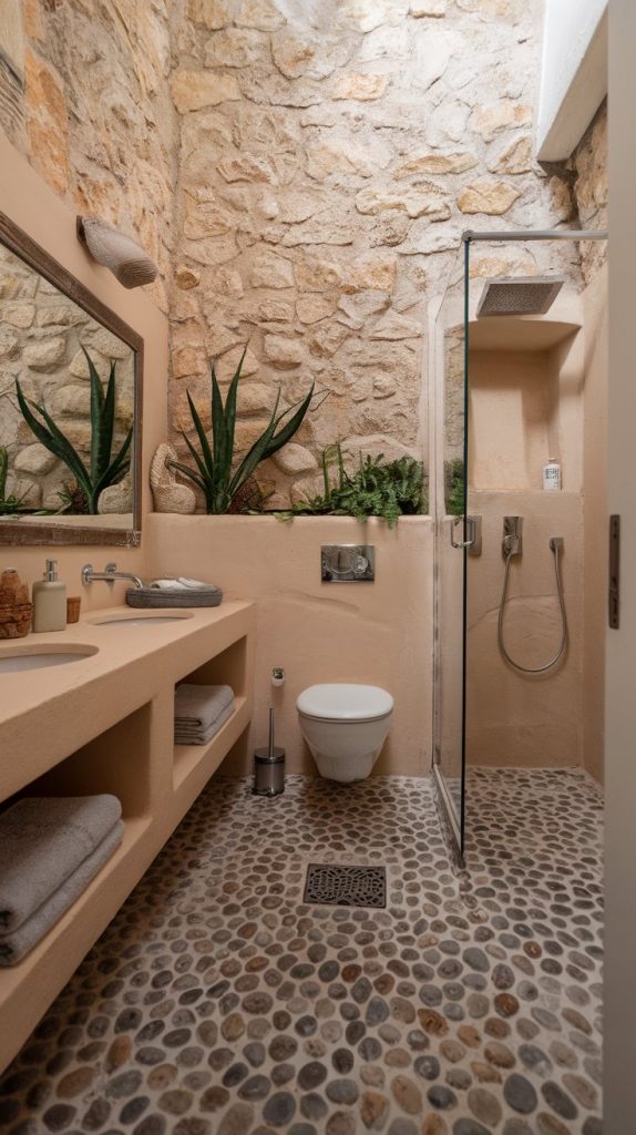 bathroom with stone wall, built-in vanity, wall-mounted toilet, walk-in glass shower, pebble tile floor