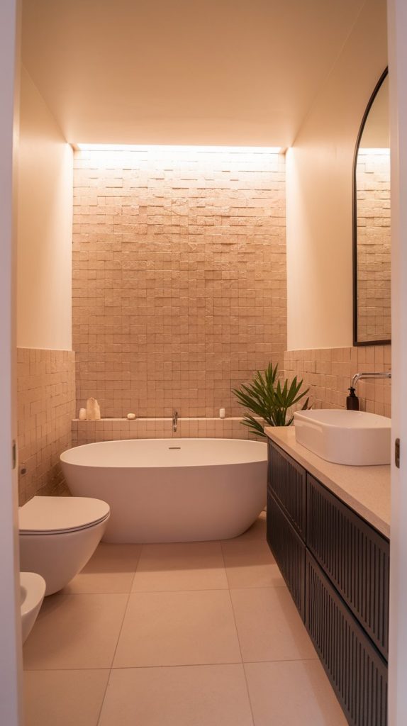 wide-angle bathroom shot with tiled accent wall in soft desert tones