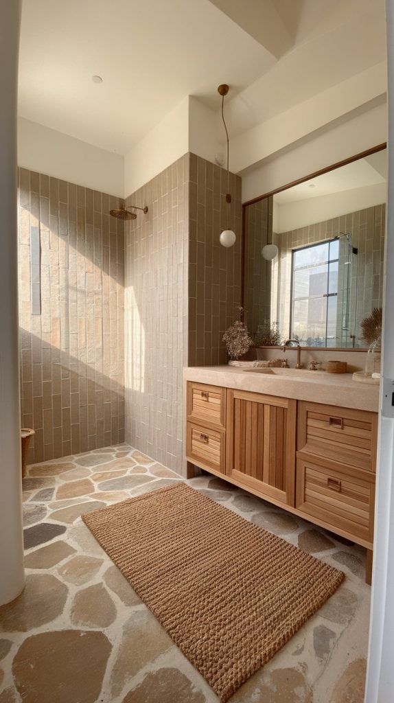 wide-angle shot of bathroom with handmade sand-colored tile walls, oak wood vanity, natural stone floor, rattan rug