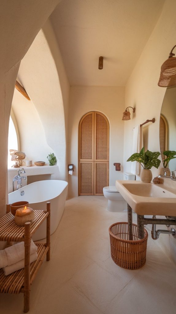 wide-angle shot of bathroom with warm white plaster walls, rattan accents, arched doorway
