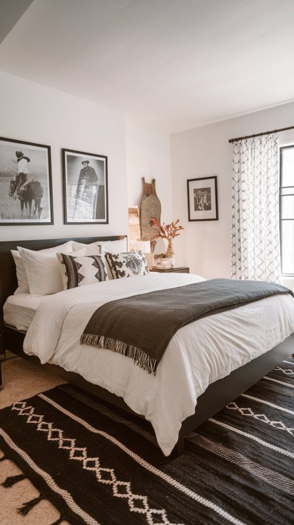 black-and-white Western bedroom with crisp white walls, black bed frame, white linen, charcoal blanket, framed Western portraits, and black jute rug