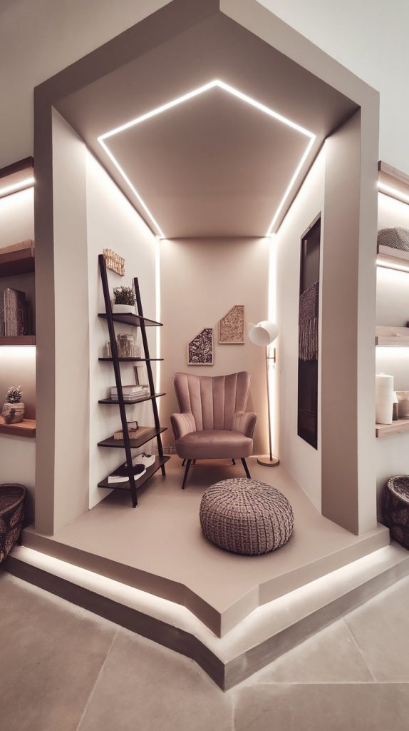 the corner nook within the larger living space with taupe velvet chair, ladder shelf, pouf, floor lamp