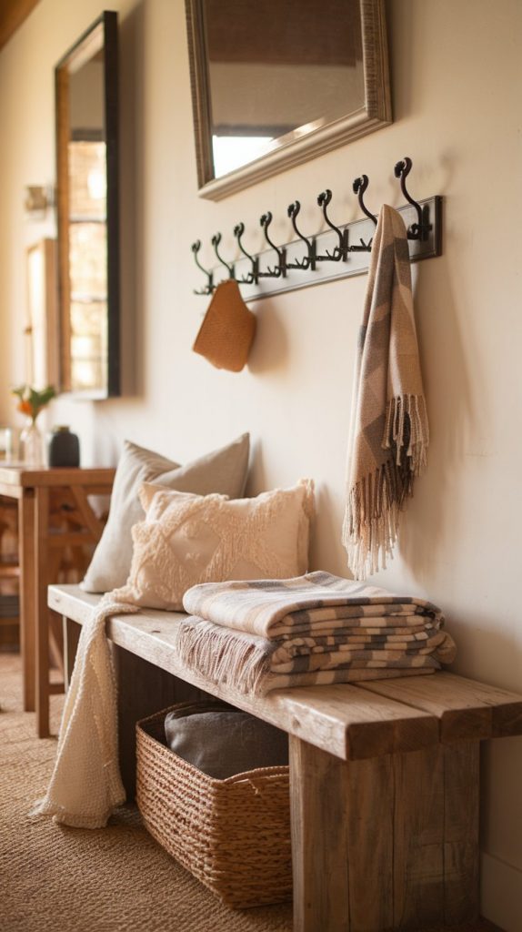 a farmhouse living room wall with a rustic wood bench, black metal wall hooks, folded throw, soft pillows