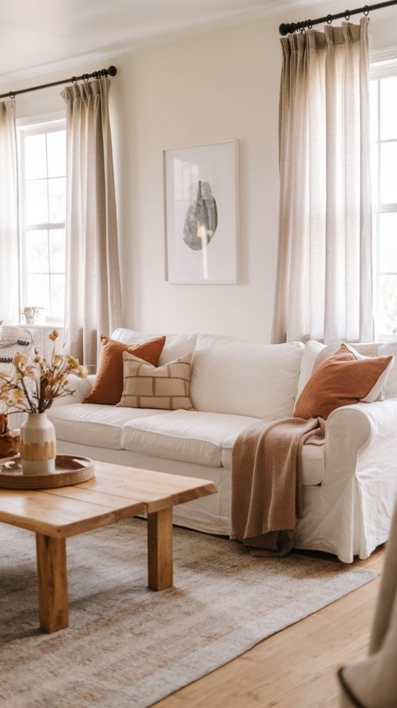 a full farmhouse living room with a linen sofa styled with earth-toned pillows, wood coffee table, soft rug, minimal wall art, and sheer curtains