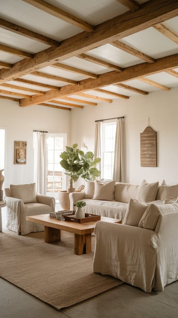 farmhouse living room with exposed wood ceiling beams, white walls, linen furniture