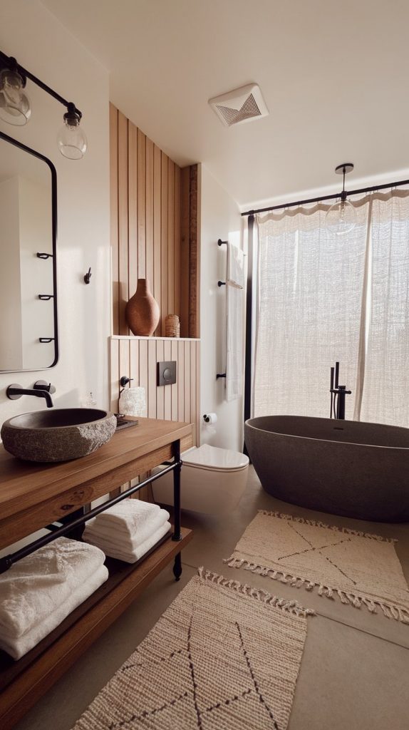 a modern Western bathroom with floating wood vanity and stone sink, wall-hung toilet on wood-paneled wall, freestanding tub by a linen-draped window