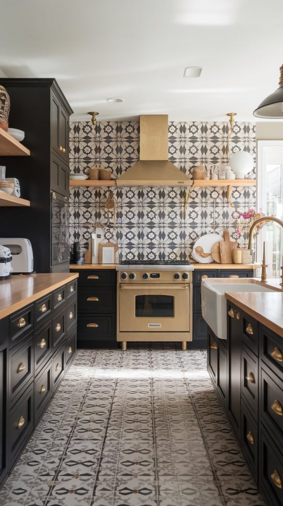 a kitchen with jet black cabinets, bold patterned tile backsplash in neutrals