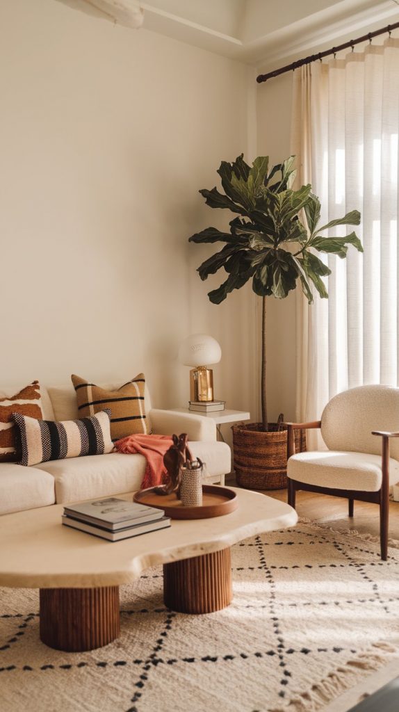 a minimalist Afro Chic living room with ivory tones, bold tribal accents, wood textures, indoor plant