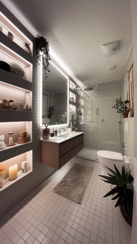 modern bathroom with backlit full-wall mirror, built-in ledges, porcelain tile