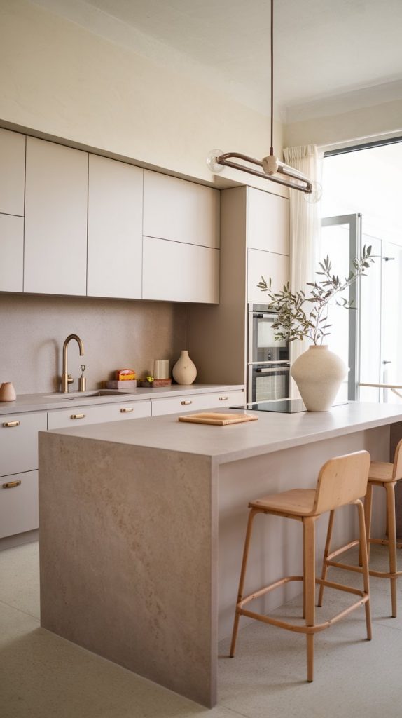 modern kitchen featuring a warm gray tadelakt finish island, surrounding pale gray cabinets