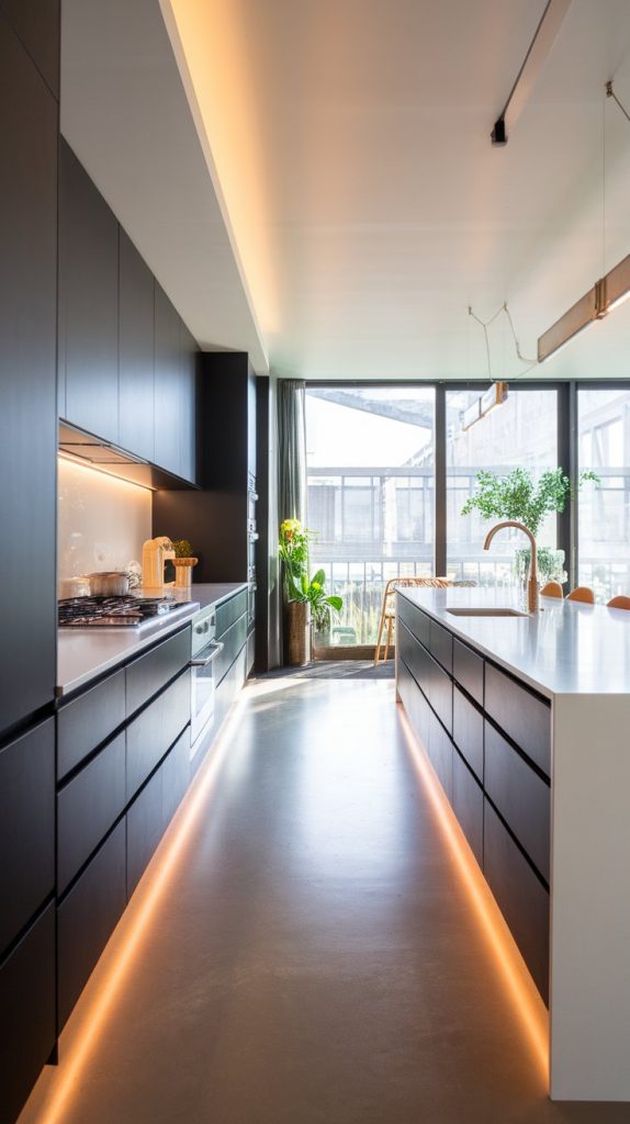 a modern kitchen with matte black handleless cabinets, integrated LED under-cabinet lighting