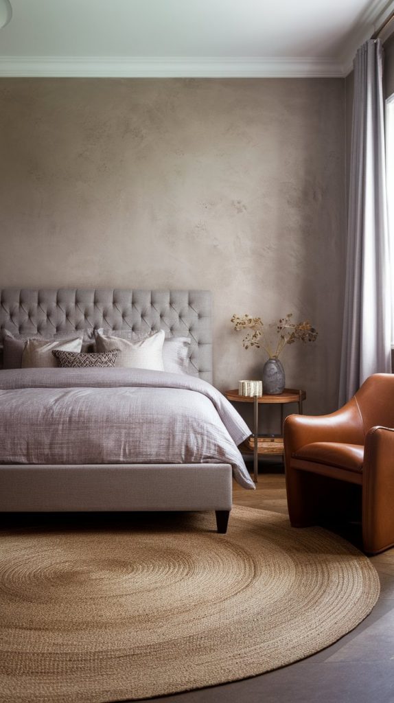 a monochrome textured bedroom with greige walls, grey tufted bed, tonal grey bedding, saddle‑brown leather chair, and round jute rug