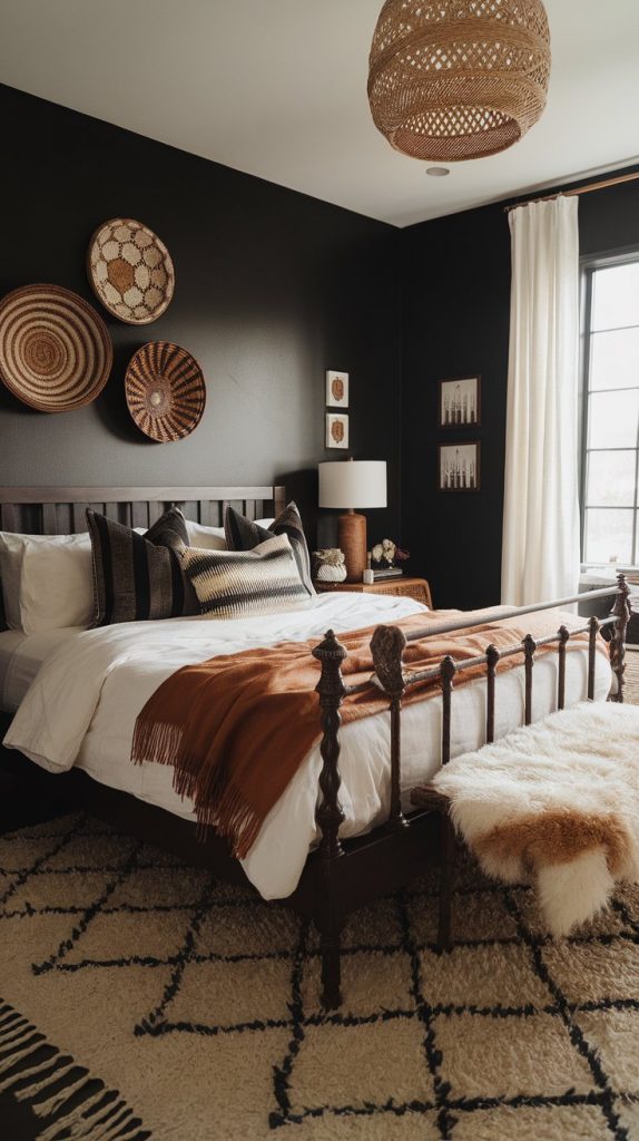 a moody modern Western bedroom with charcoal walls, dark wood bed, white bedding, camel throw, woven leather baskets on wall