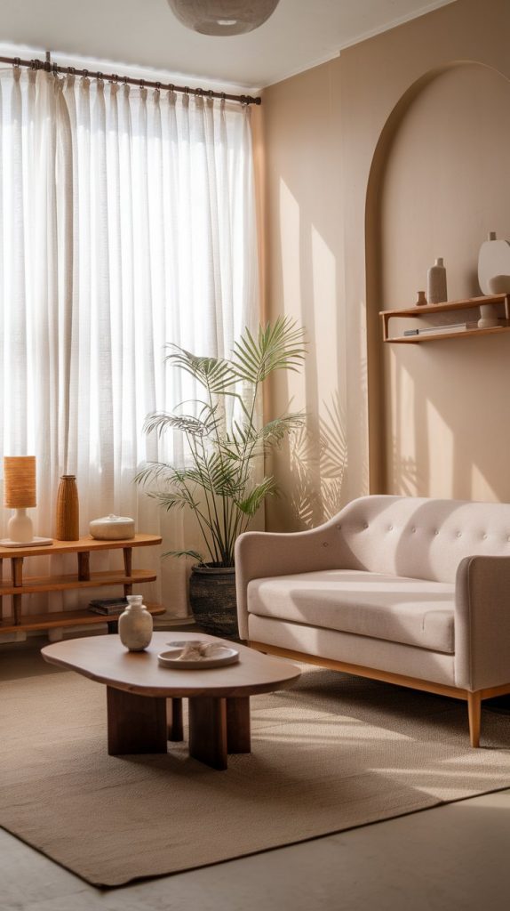 a serene Afro Zen living room with Japandi shapes, Afro Chic textures, soft neutral palette