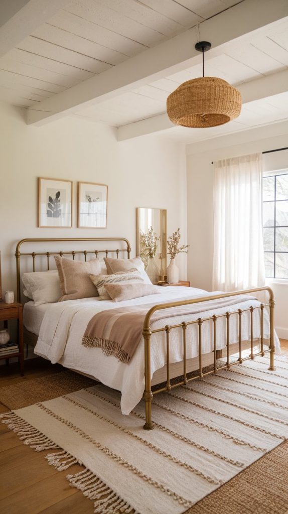 a bedroom with brass-trimmed bed, oatmeal linen, taupe throw, reclaimed wood side tables, layered flatweave and jute rugs
