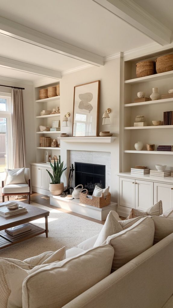 farmhouse living room built-in shelves flanking fireplace, styled with vintage books