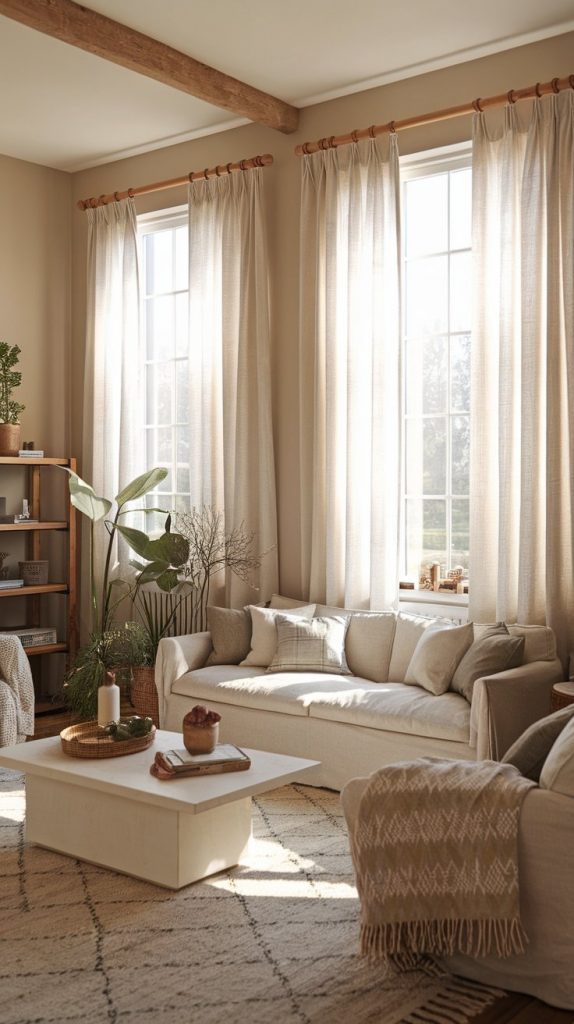 a farmhouse living room with soft linen windowpane curtains, natural wood curtain rods