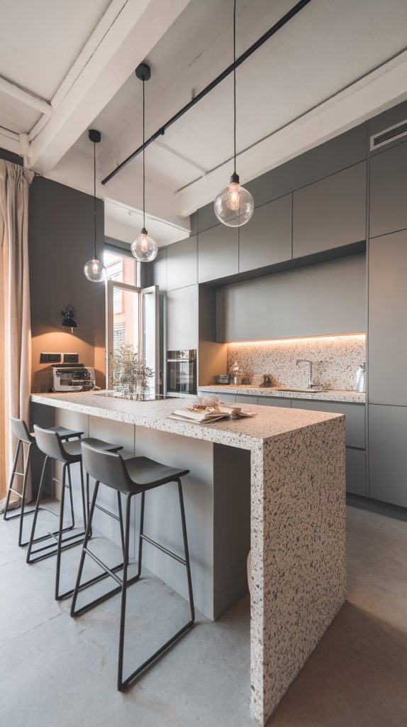 gray kitchen with floating breakfast bar extension in terrazzo, modern bar stools