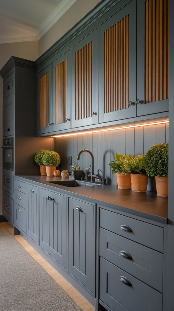kitchen with charcoal-gray cabinets and vertical walnut slat detailing, black stone countertop, matte black fixtures