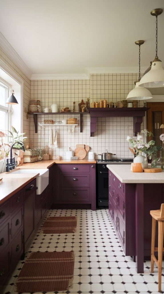 a kitchen with deep plum cabinets, creamy white walls, beige tiled backsplash, matte black hardware