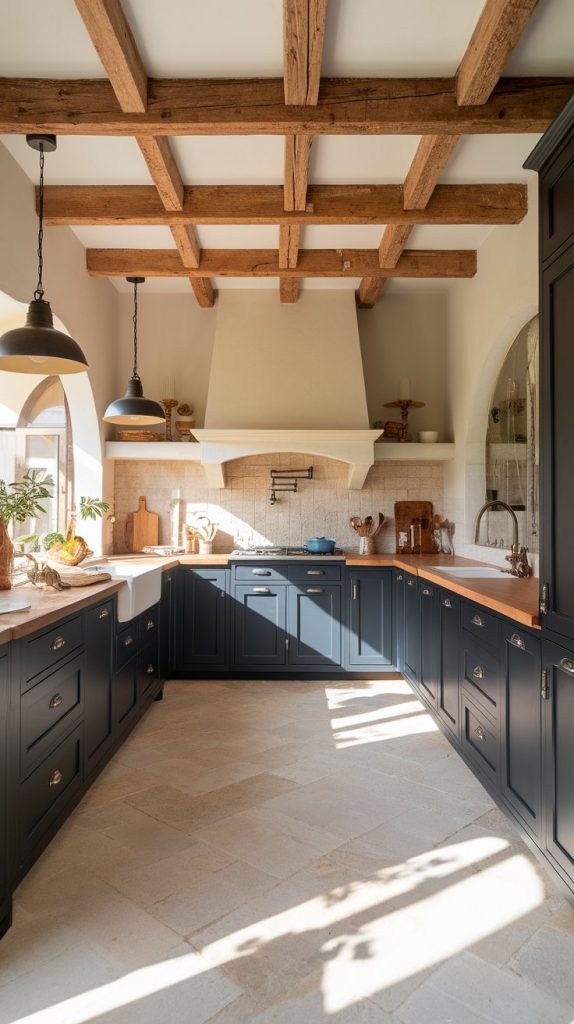 a kitchen with matte black cabinets, exposed rustic wood ceiling beams, light stone backsplash