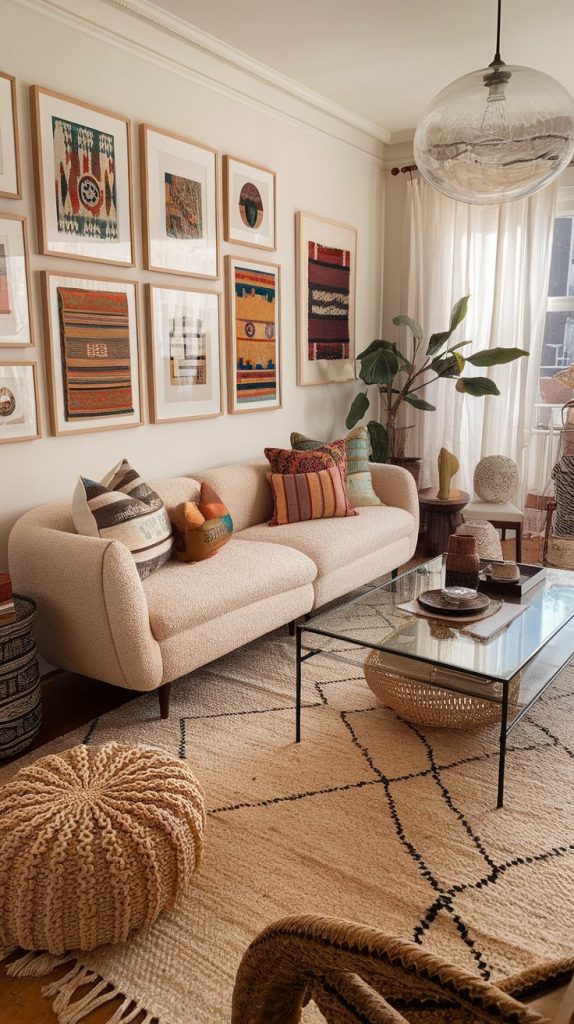 a living room with a framed textile gallery wall, boucle sofa, glass coffee table, natural fiber rug, Afro Chic accessories