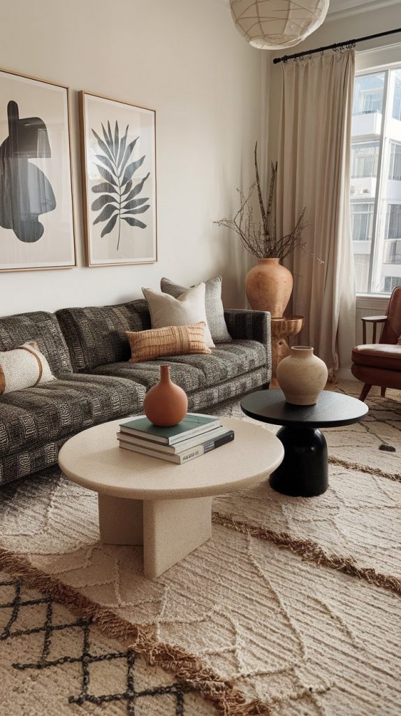 living room with patterned sofa, layered rugs, mixed‑material tables, minimal vases, botanical art