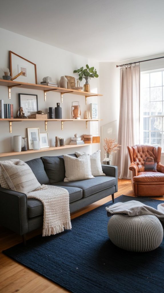 living room with charcoal sofa, vintage leather chair, navy rug, textured throws, shelves with curated items