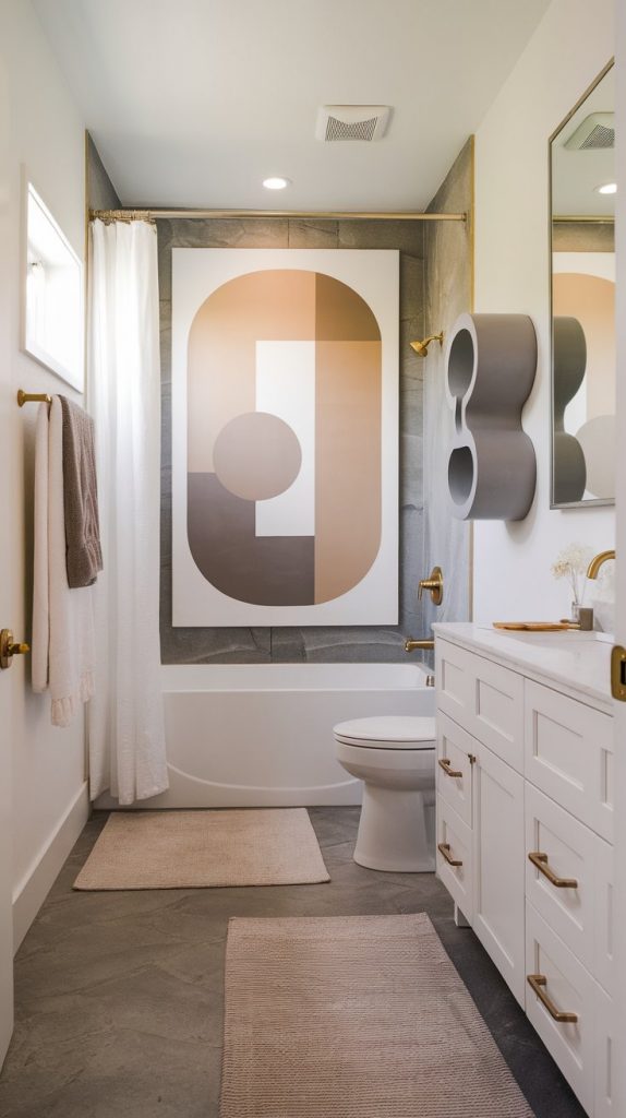 microcement bathroom with graphic art, sculptural shelf decor