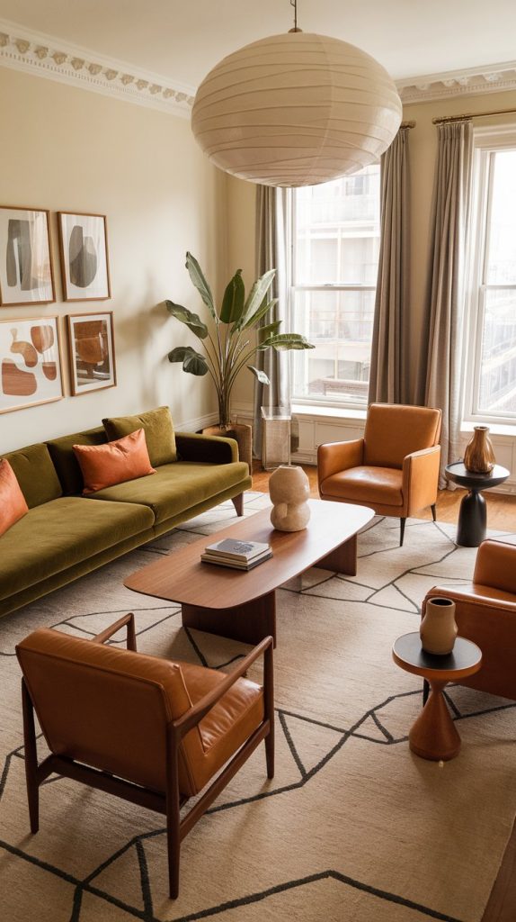 view of mid‑century living room with olive sofa, walnut table, tan leather chairs, geometric rug, sculptural ceramics