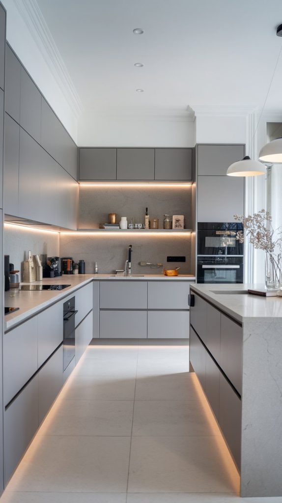 modern gray kitchen with push-to-open slab cabinets, hidden charging drawer, under-cabinet motion LED lighting