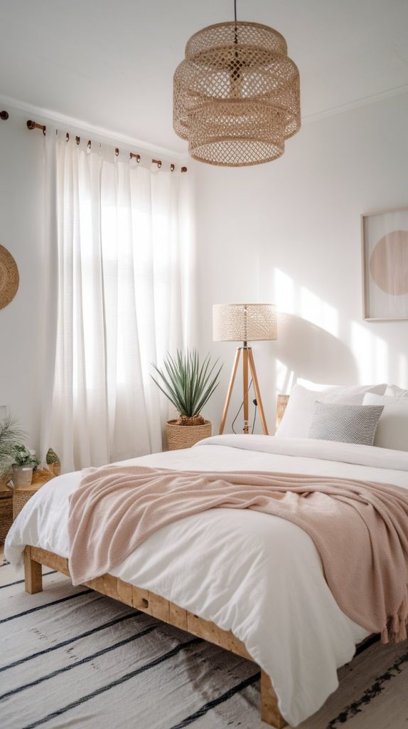 a Scandinavian-Western bedroom with white walls, birch wood bed, white linen, grey wool blanket, pale‑pink throw, wooden tripod lamp, and potted yucca