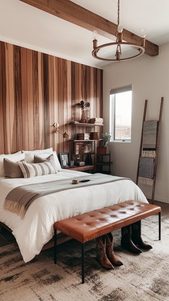 a bedroom with arched alcove in soft beige, low bed with linen bedding, woven sconces, layered jute rug, and leather‑bound books