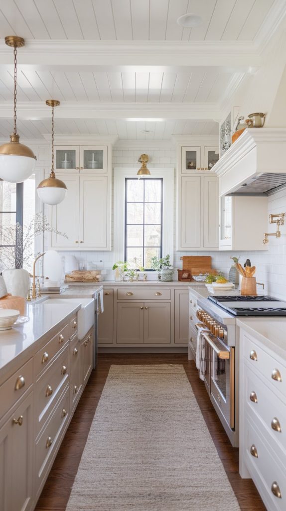 a two-tone kitchen with white upper cabinets and beige lower cabinets, quartz countertops, and brass fixtures