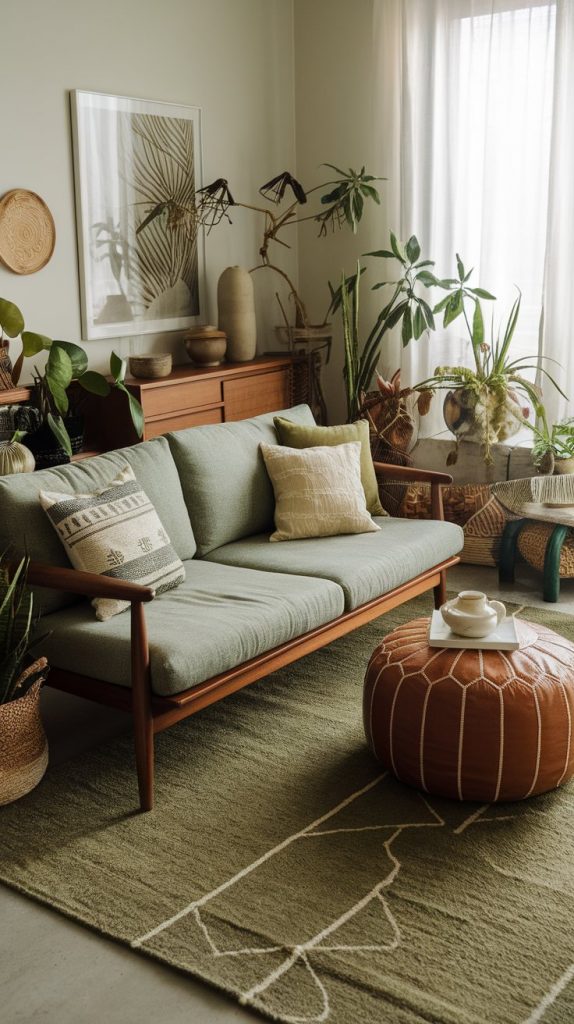 walnut-framed sofa, sage green cushions, caramel ottoman, green rug, plants, ceramics